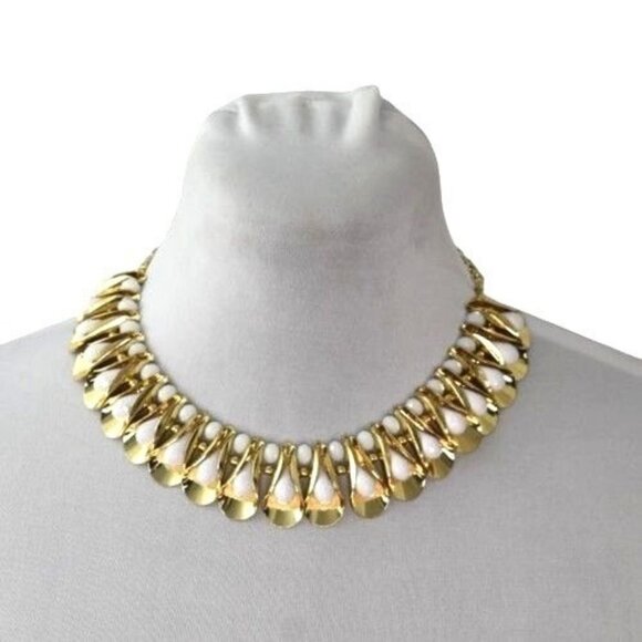 M Haskell Statement Necklace Gold Tone Folded Metal White Beads New Old Stock - Picture 1 of 5